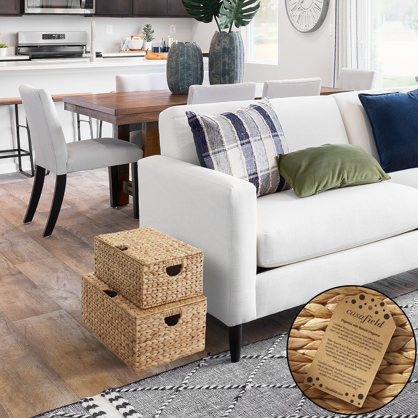 Casafield Water Hyacinth Rectangular Storage Baskets with Lids, Multipurpose Shelf Organization Totes for Bedroom, Bathroom, Laundry, Home Office