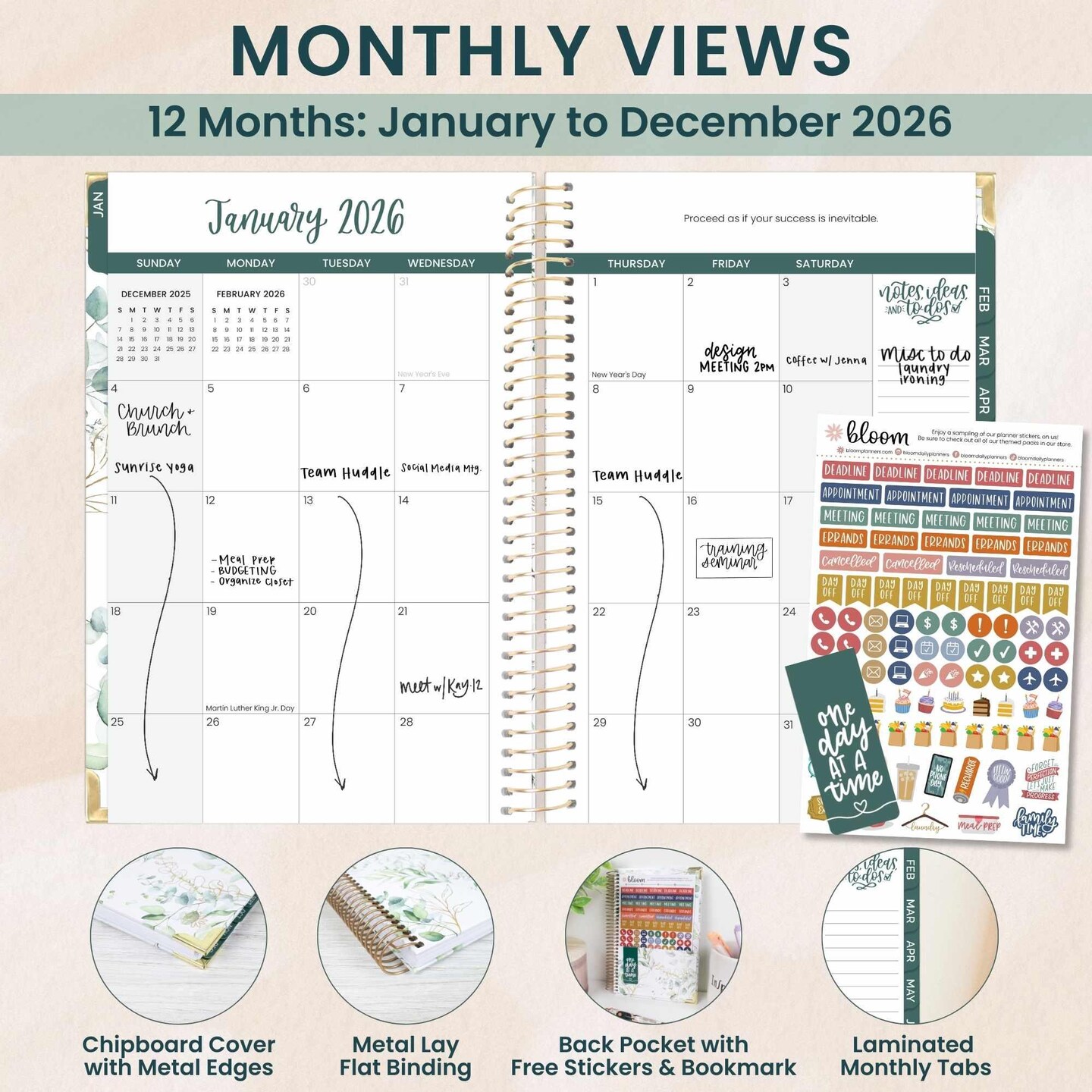 bloom daily planners 2026 Hard Cover Weekly & Monthly Planner, 5.5" x 8.25", Eucalyptus, White