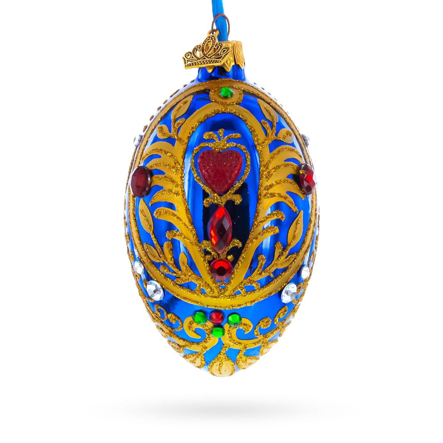 Royal Blue Regal Heart and Gemstones Embellished Glass Egg Ornament 4 Inches