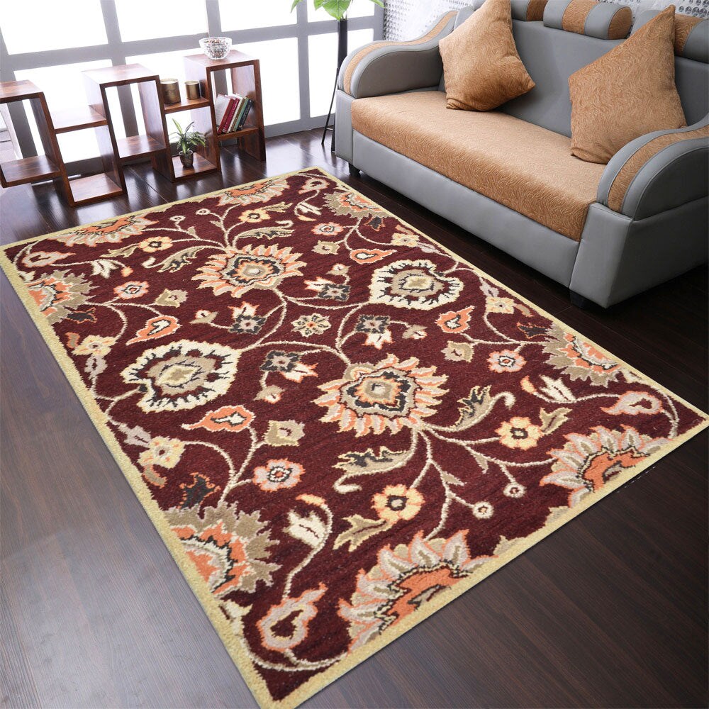 Hand Tufted Wool Area Rug Maroon K00712 Soft High Pile Eco-Friendly 5X8