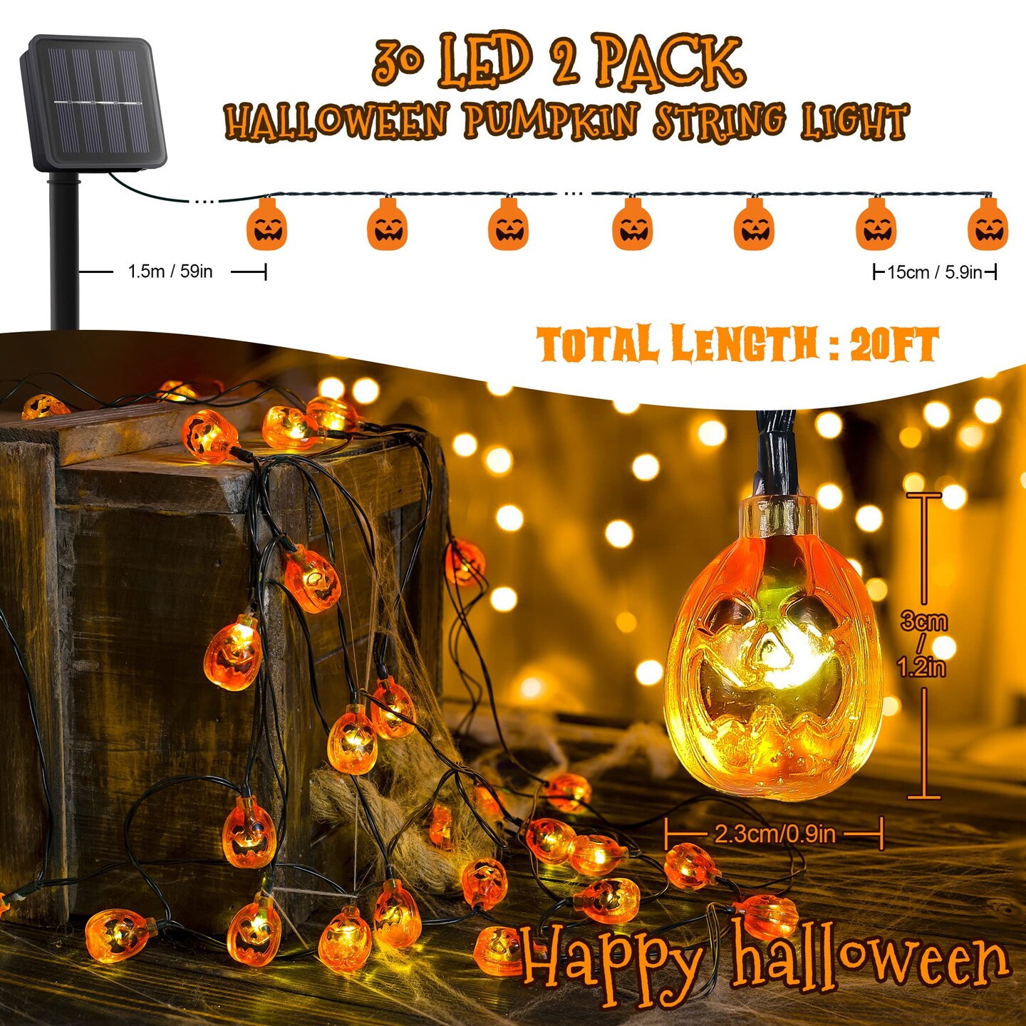 2 Pack Solar Powered Halloween Pumpkin String Lights, 20ft, 30 LEDs, 8 Lighting Models, Waterproof, Indoor/Outdoor Use