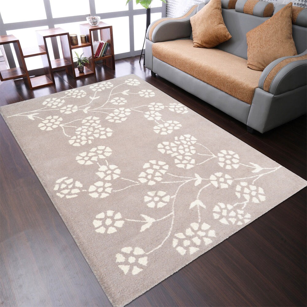 Hand-Tufted Wool Area Rug Beige White Floral Design K00513 5X7 High Pile