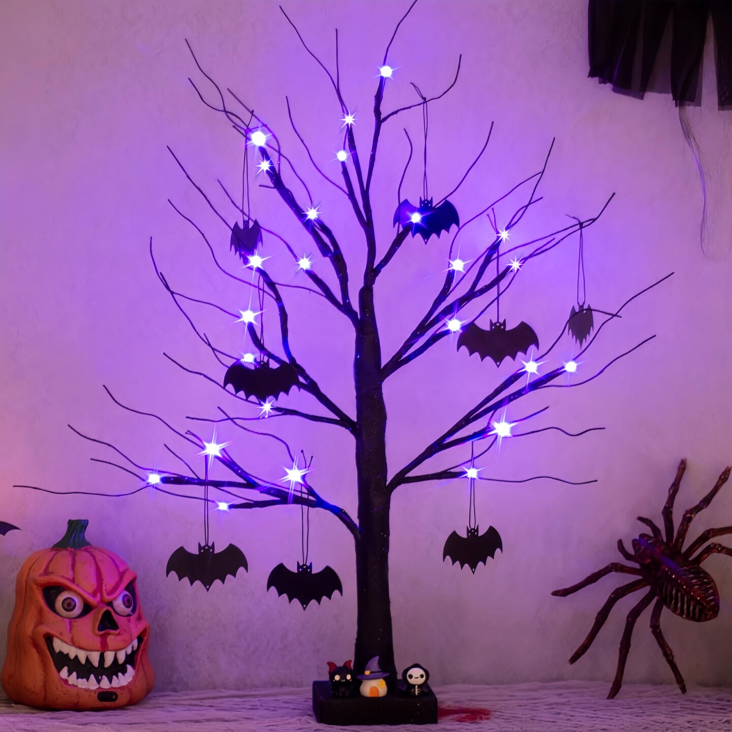 2FT Black Halloween Tree with 24 Purple Lights and 8 Bat Ornaments, Light up Halloween Decorations with Timer for Indoor Home Desk Table Decor Battery Powered