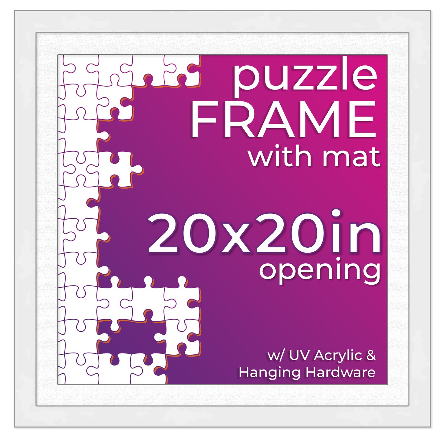 White Wood Puzzle Frame Kit with Glue Sheets, White Mat, Backing, UV Acrylic - Available in 20 Popular Sizes