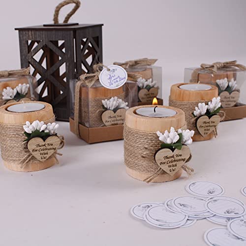 10 Pck Wood Tealight Candle Holder, Bridal Shower Tealight Holder Thank You Gifts, Wedding Party Favors for Guests, Wooden Cylinder Candle Holders for Table Centerpiece (Heart Tag, Light Brown)