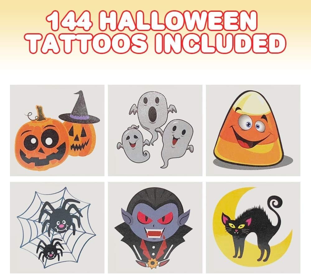 Halloween Temporary Tattoos for Kids - Pack of 144-2 Inch Non-Toxic Tats Stickers for Boys and Girls, Best for Halloween Party Favors, Treats, D&#xE9;cor, Goodie Bags - 6 Assorted Designs