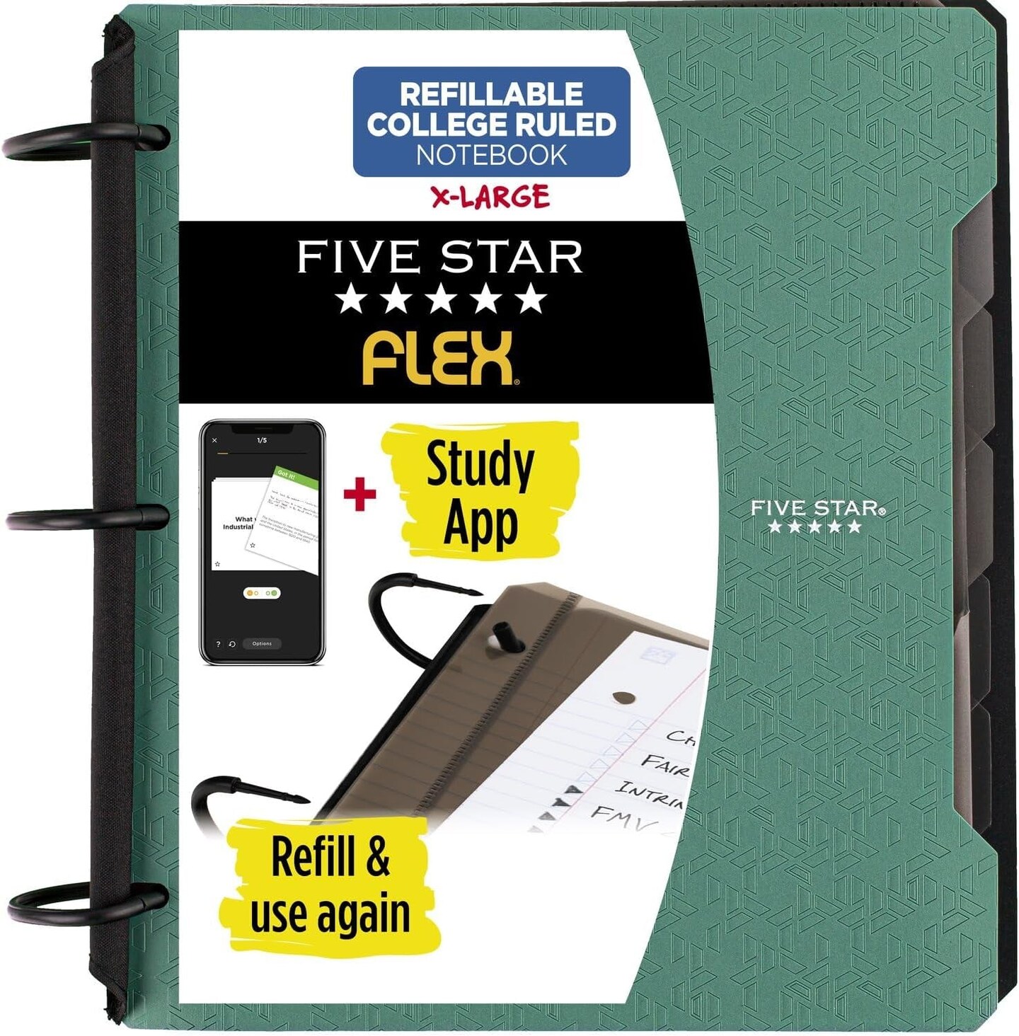 Flex Refillable Notebook + Study App, College Ruled Paper, 1-1/2 Inch Techlock Rings, Pockets, Tabs and Dividers, 300 Sheet Capacity, Seaglass Green (29324AQ8)