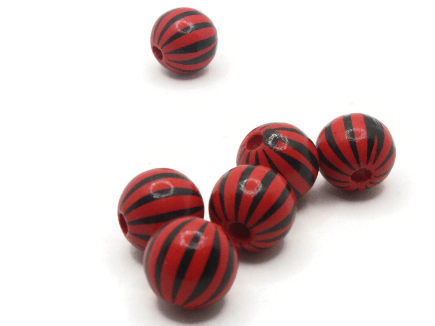 6 15mm Red and Black Striped Round Wood Beads