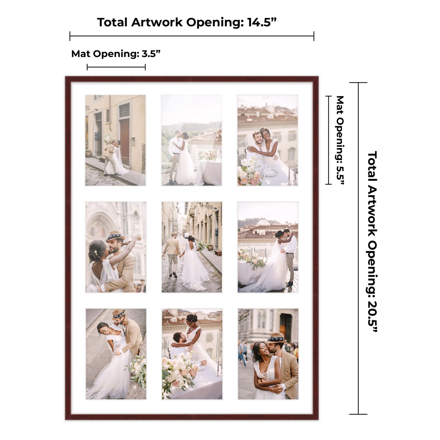 Brown Finish Collage Frame White Mat, 20 Frame Sizes to Choose From