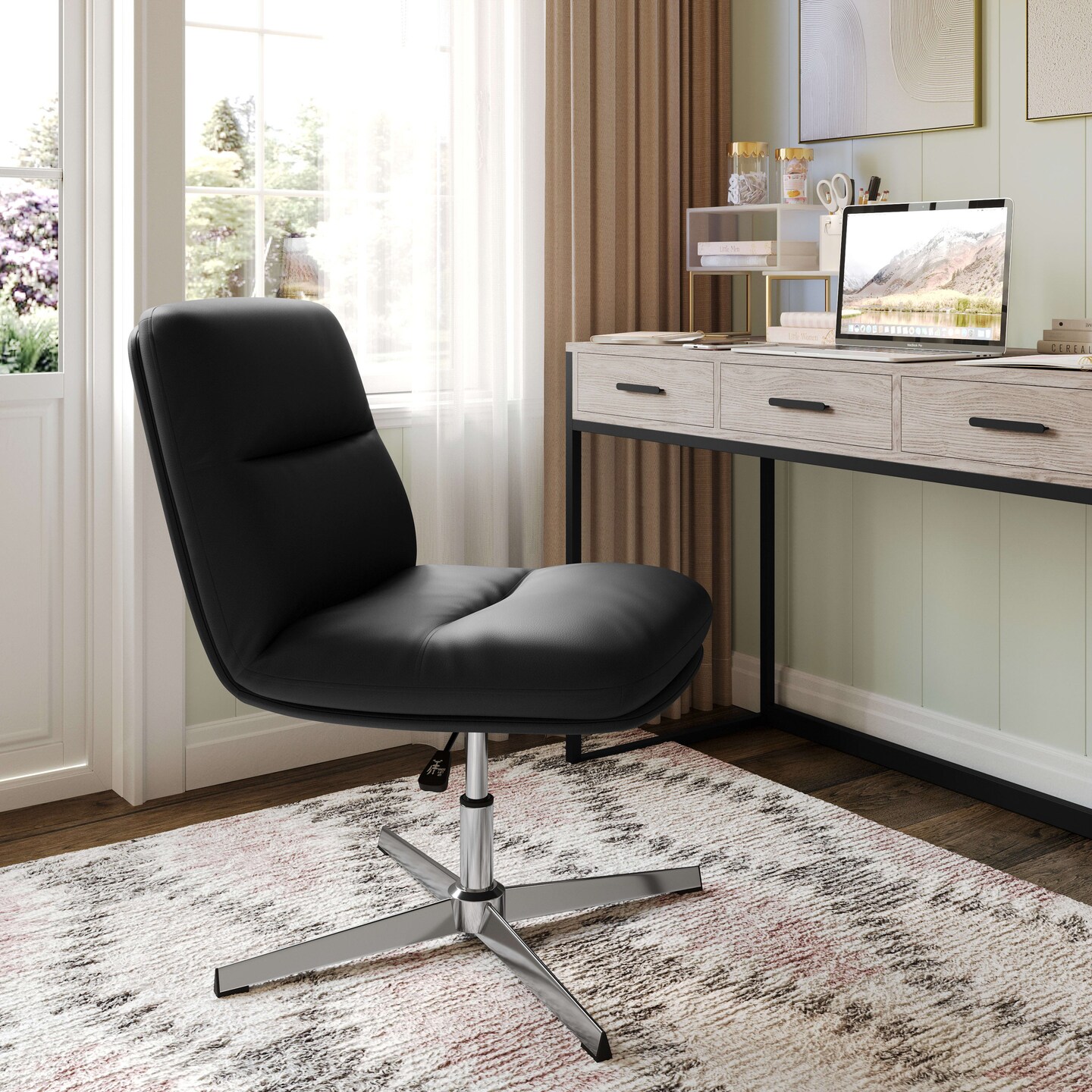 Merrick Lane Biel Mid-Back Height-Adjustable Stationary Armless Swivel Office Chair - Padded Upholstered Back and Seat, Strong Frame