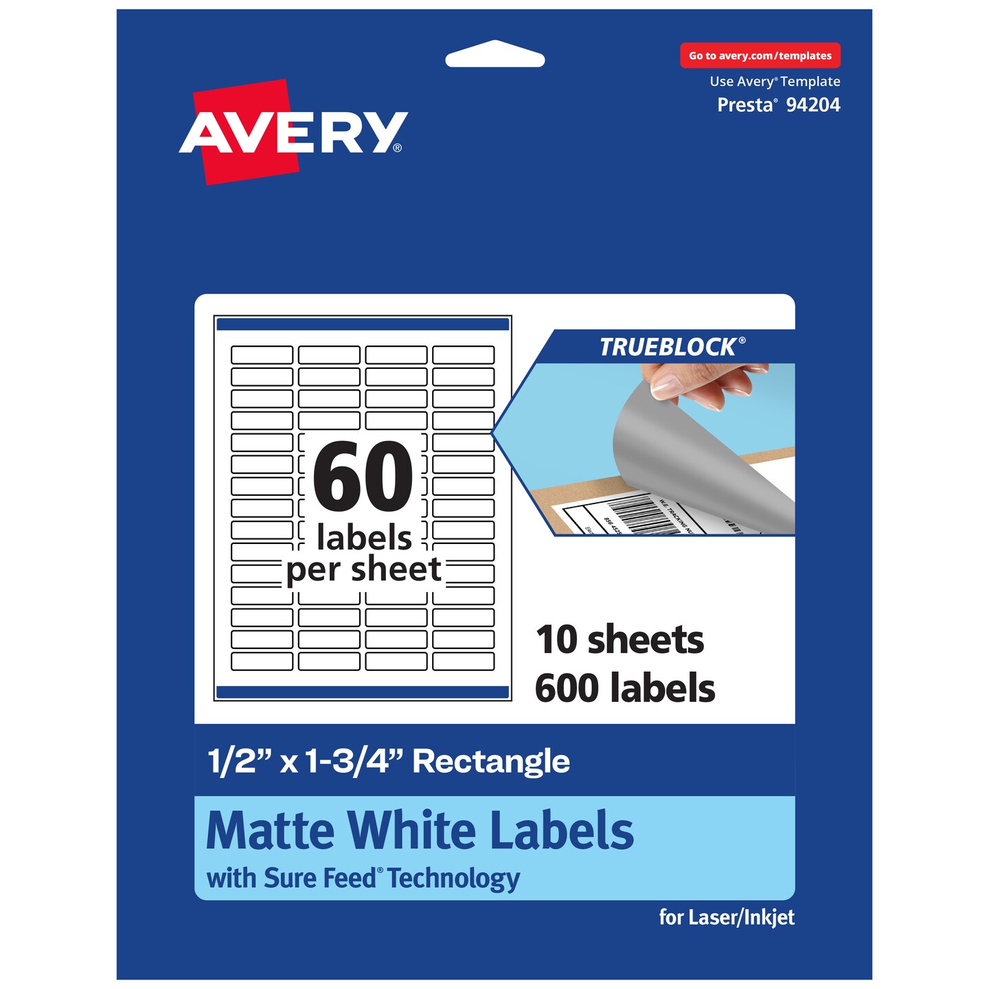 Avery TrueBlock Matte White Paper Labels, 1/2" x 1-3/4" Rectangle