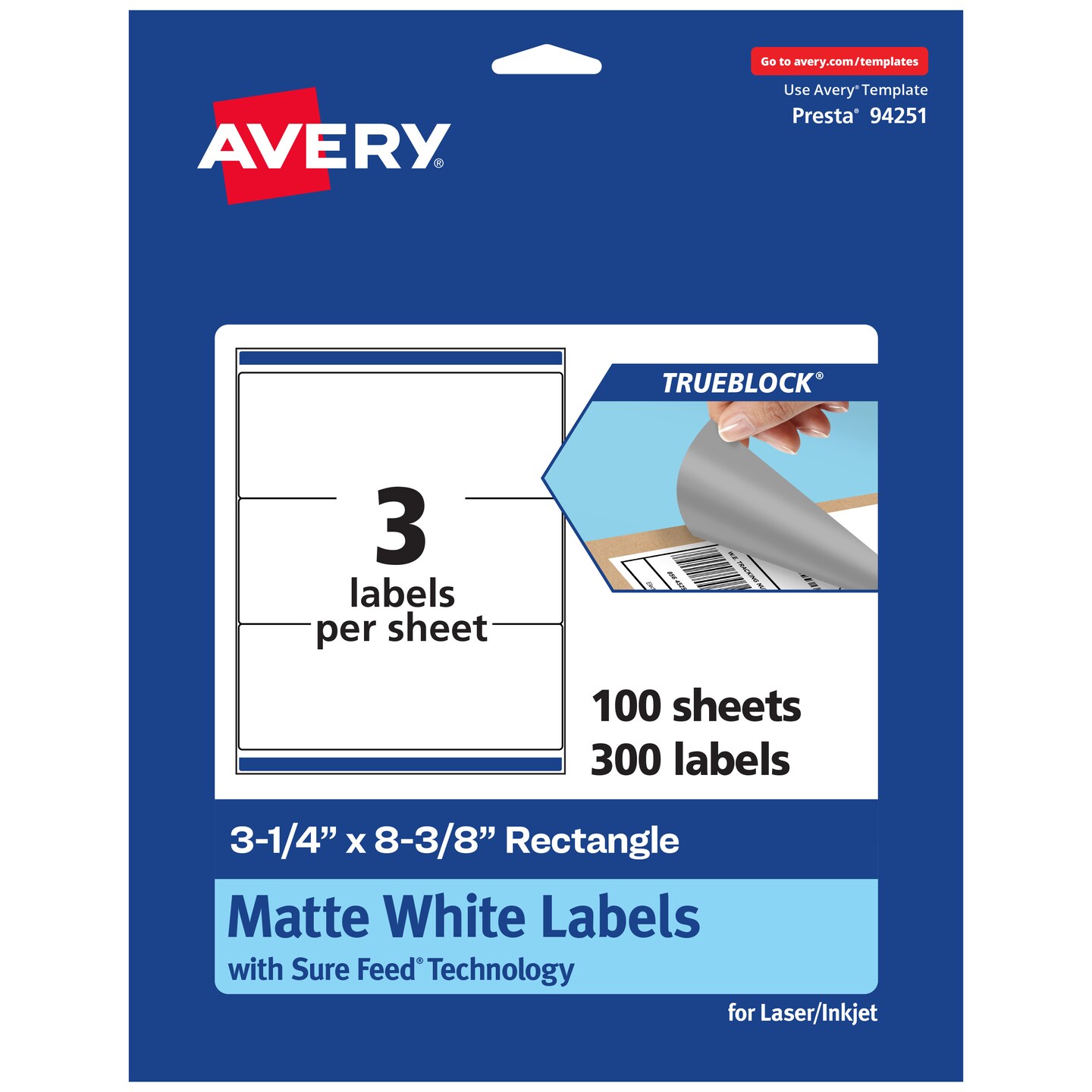 Avery TrueBlock Matte White Paper Labels,  3-1/4&#x22; x 8-3/8&#x22; Rectangle
