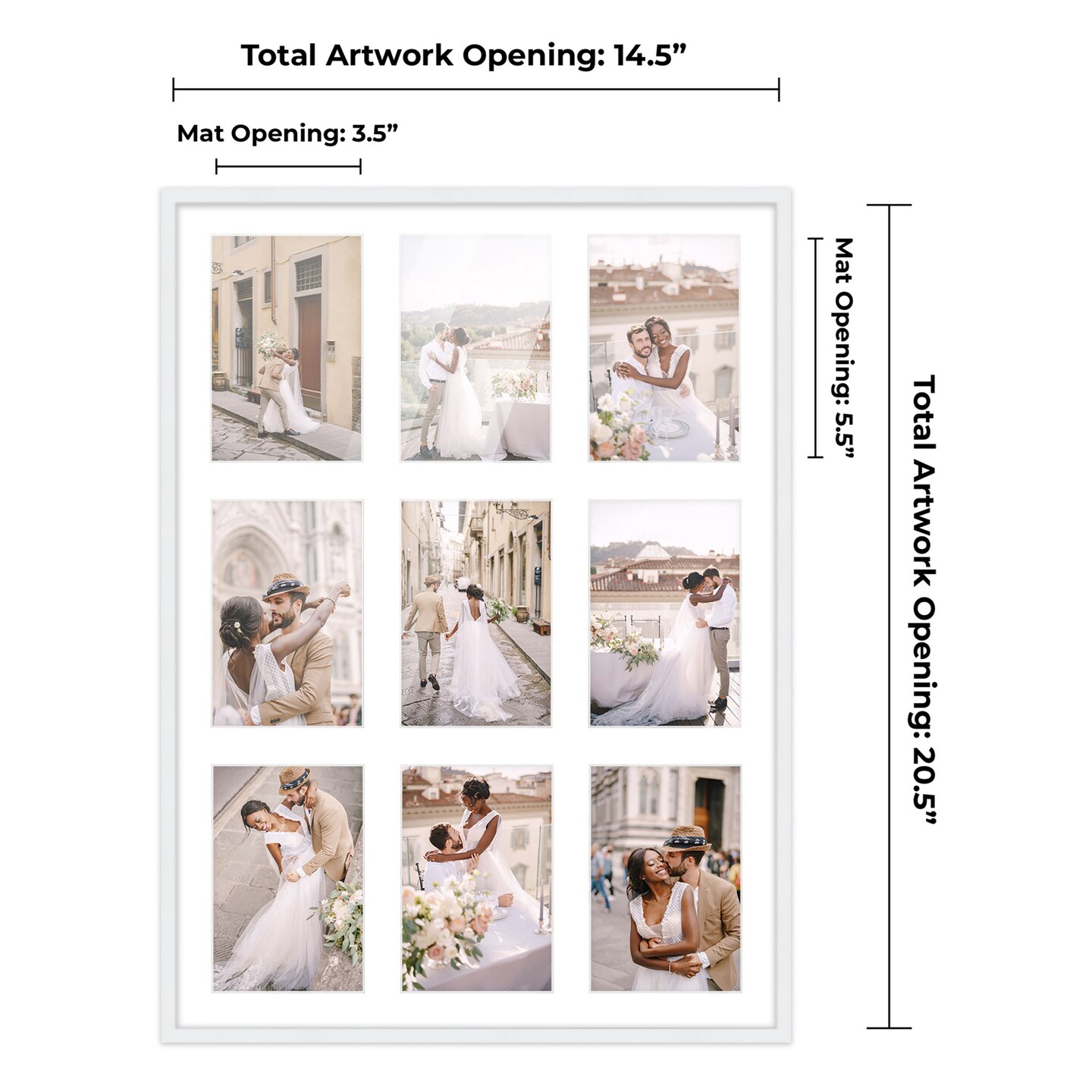 White Finish Collage Frame - White Mat, 20 Frame Sizes to Choose From, UV Acrylic, Wall Hanging Hardware, Vertical or Horizontal Display