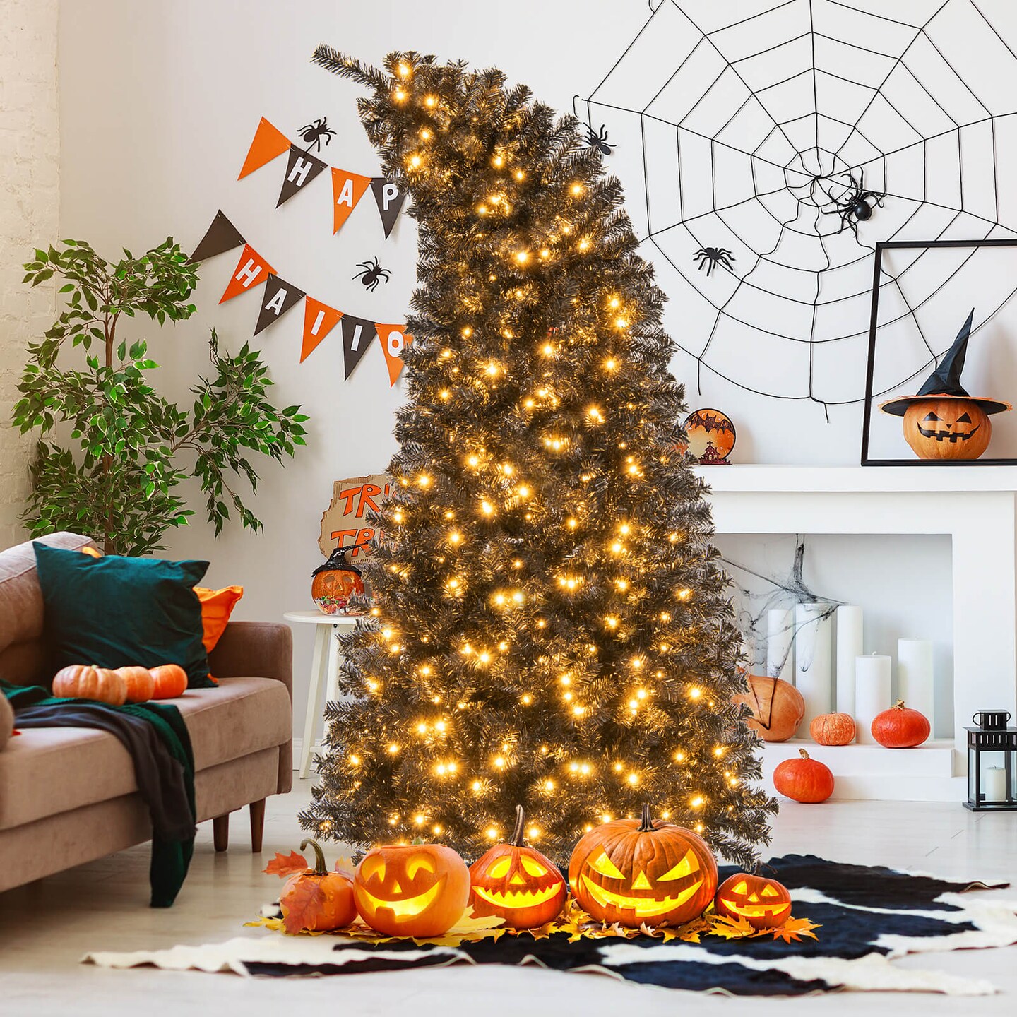 Costway 6/7 FT Artificial Halloween Christmas Tree with Bendable Top Section 726/1050 Branch Tips 260/340 Lights