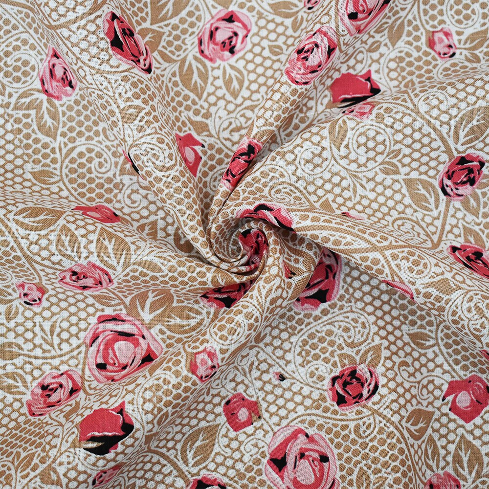 Pink-Beige-Multi Floral Mesh Pattern Printed Linen Woven Fabric By the Yard