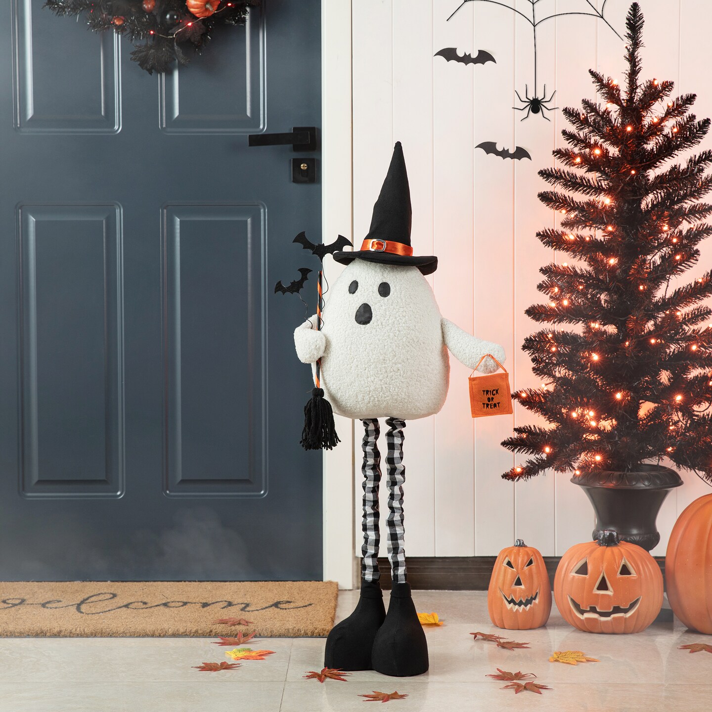 Set of 2 38&#x22;H Lighted Halloween Fabric Ghost Standing Decor, With Telescoping Legs and Timer