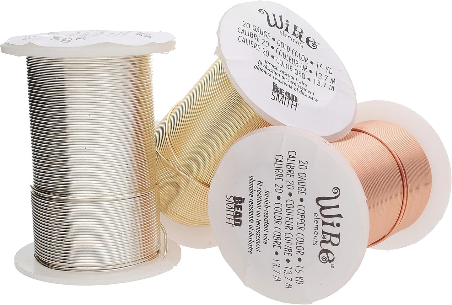 The Beadsmith Wire Elements 20-Gauge Lacquered Tarnish-Resistant Copper Wire for Jewelry Making, 4-15 Yard, 13.72 Meter Spools (Gold, Silver, &#x26; Copper Color)