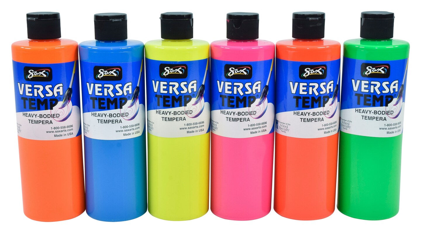 Sax Versatemp Heavy-Bodied Tempera Paint, 1 Pint Bottles, Assorted Fluorescent Neon Colors, Set of 6