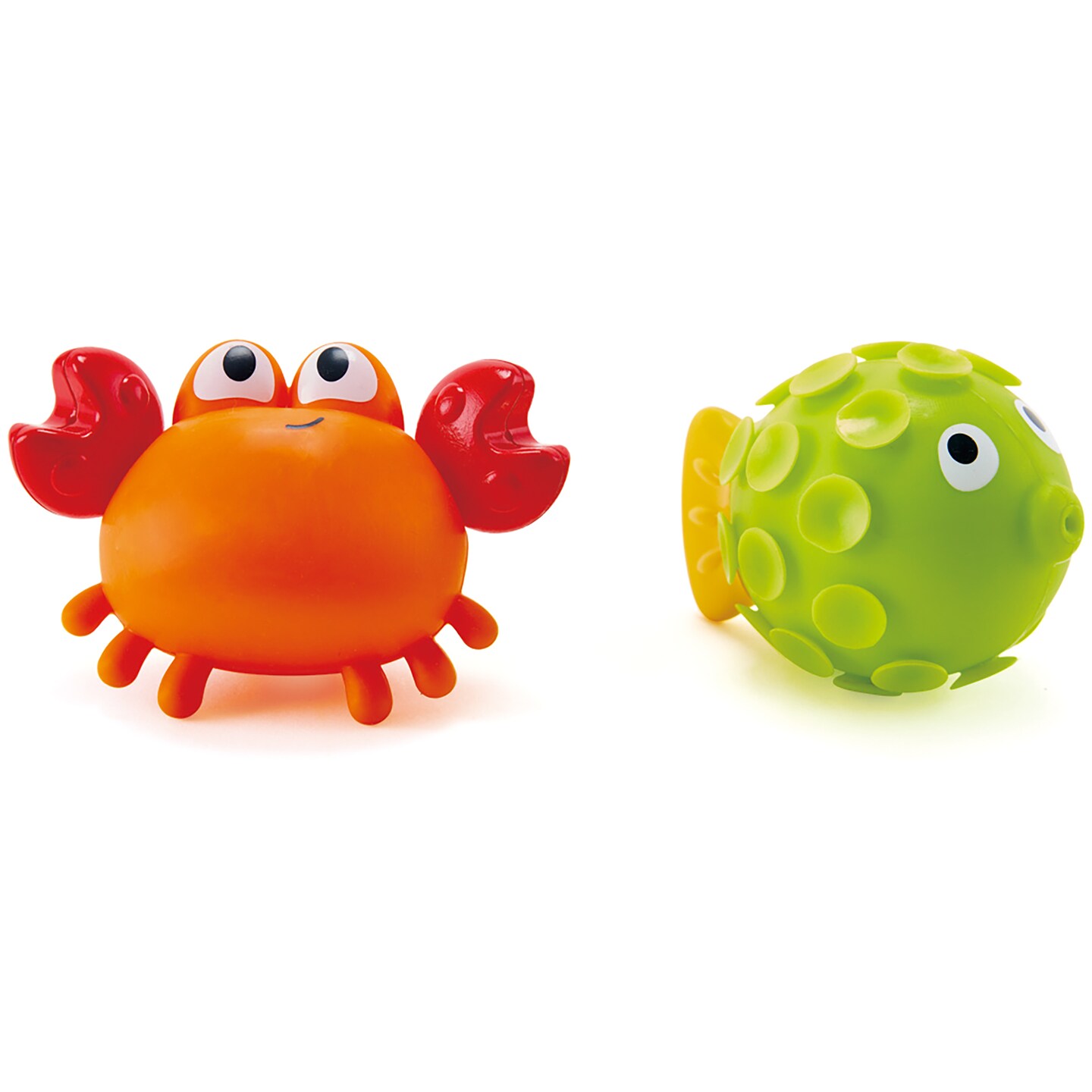 Hape: Rock Pool Squirters - 2pc Bath Toy Set, Orange/Red Crab & Green Suction Cup Pufferfish, Water, Bathtime, Pool, Baby, Toddler, Kids Ages 18mo+