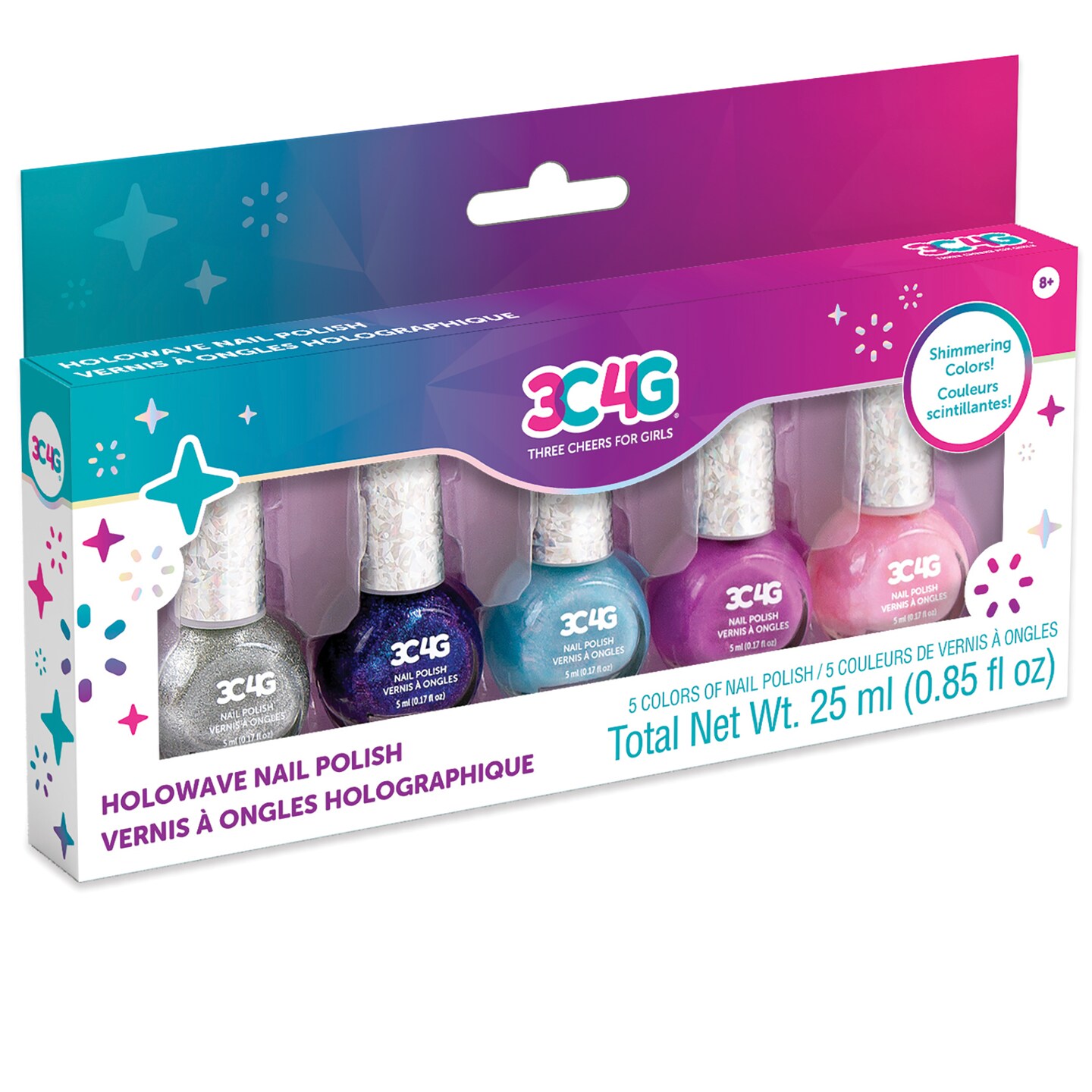 3C4G: Holowave Nail Polish Set - 5 Bottles, Make It Real, Teens Tweens &#x26; Girls, Non-Toxic Long-Lasting Polish, Light Bouncing Holographic Shimmery Colors, Three Cheers For Girls, Kids Ages 8+