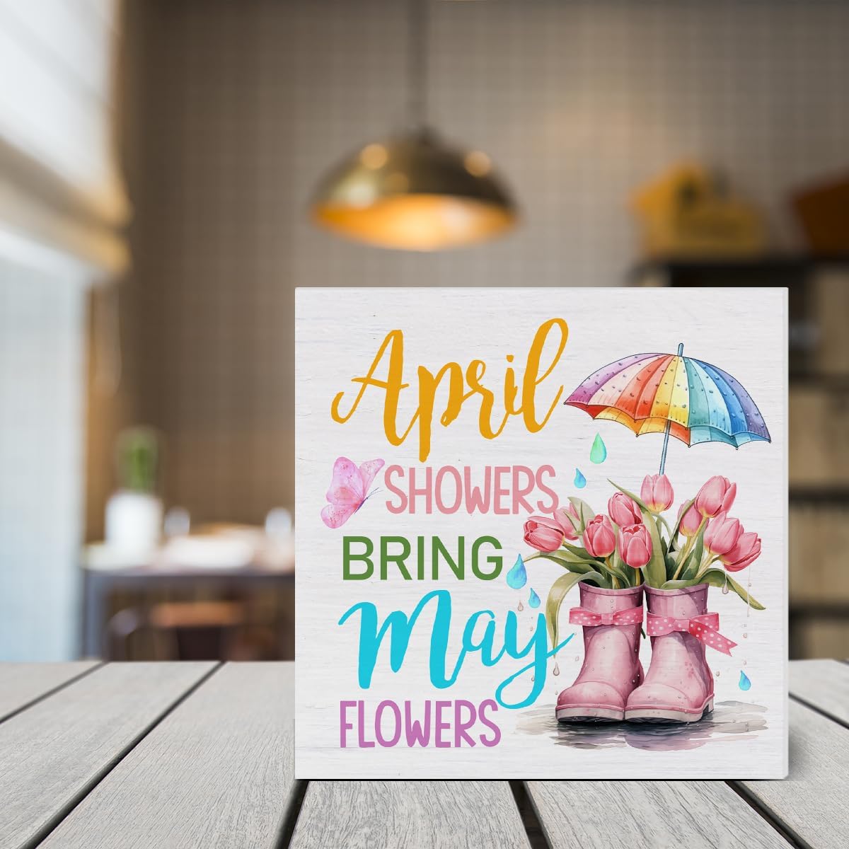 Spring Home Decor Spring Decorations April Showers Bring May Flowers Wooden Sign Decor for Desk Table Shelf Wall 5 x 5 Inches