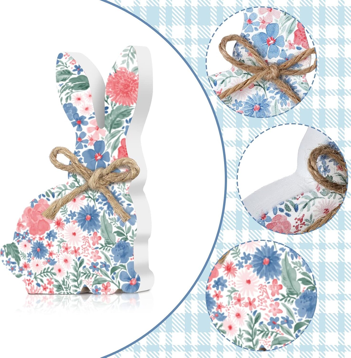 4 Pieces Easter Bunny Wood Decor Easter Natural Wood Signs Bunnies Shape Signs Rabbit Tabletop Decor Spring Flower Rustic Centerpieces for Farmhouse Kitchen Dining Room