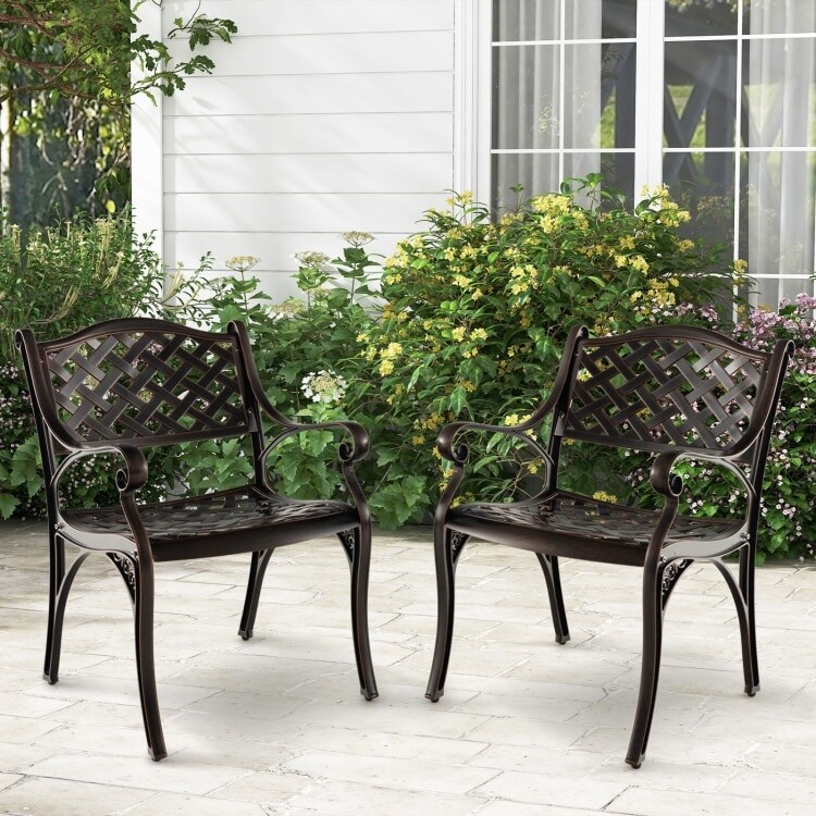 Cast Aluminum Patio Chairs Set Of 2 Dining Chairs With Armrests Diamond Pattern-Bronze