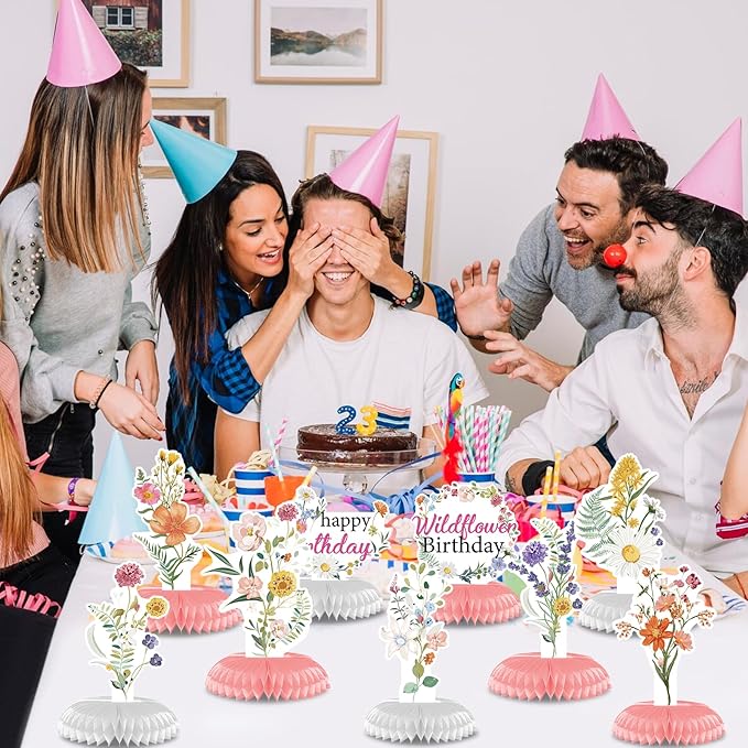 9-Piece Wildflower Birthday Table Decor Set – Spring Party Supplies with Floral Honeycomb Centerpiece