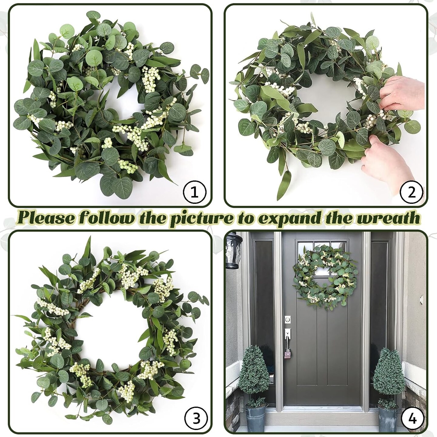 Wreaths for Front Door, 20" Artificial Eucalyptus Wreath, White Berry Greenery Wreath