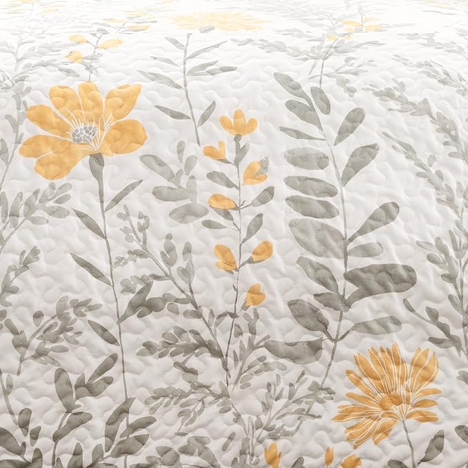 Aprile Soft Reversible Floral Quilt Set, 3 Piece Set, King, Yellow &#x26; Gray - Beautiful Floral Bedding Set - King Quilt - Spring Decor - Cottage &#x26; Farmhouse Bedroom Decor