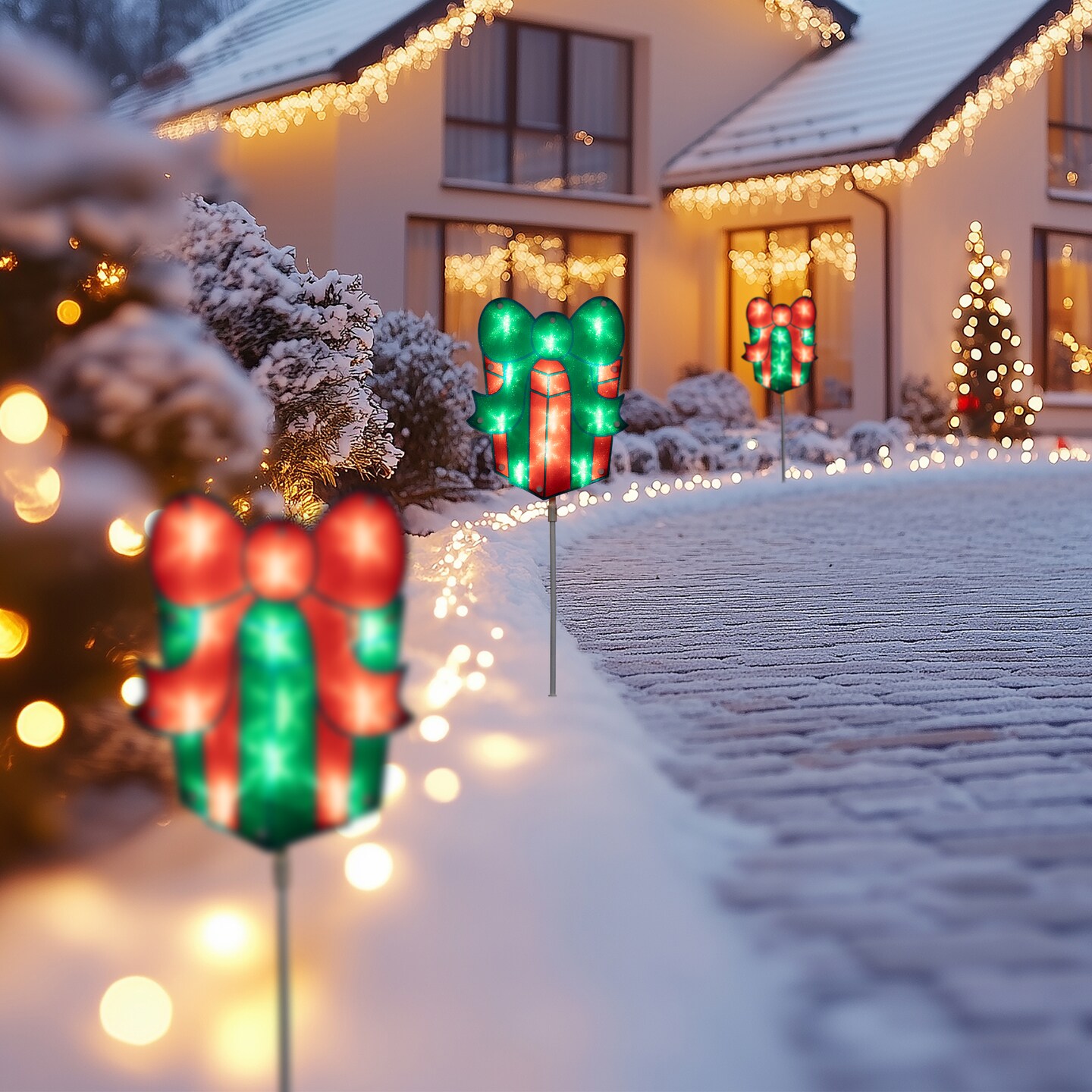 Northlight Lighted Holographic Gift Box Outdoor Christmas Pathway Markers - 24.5" - Set of 3