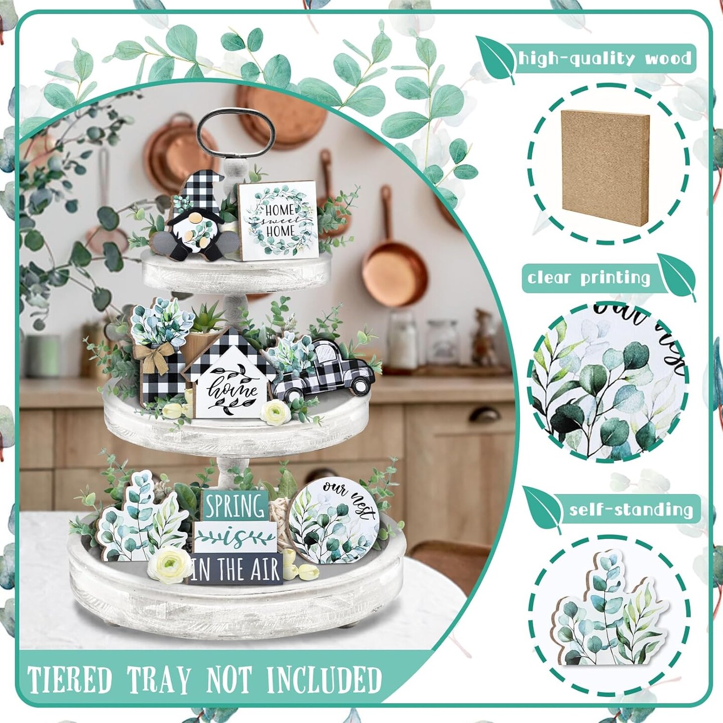 Spring Tiered Tray Decor, Farmhouse Eucalyptus Leaves Tray Decorations, Spring Gnome Wreath Buffalo Plaid Mason Jar Truck Wooden Signs, Rustic Spring Decor for Home Table Shelf Mantel Party