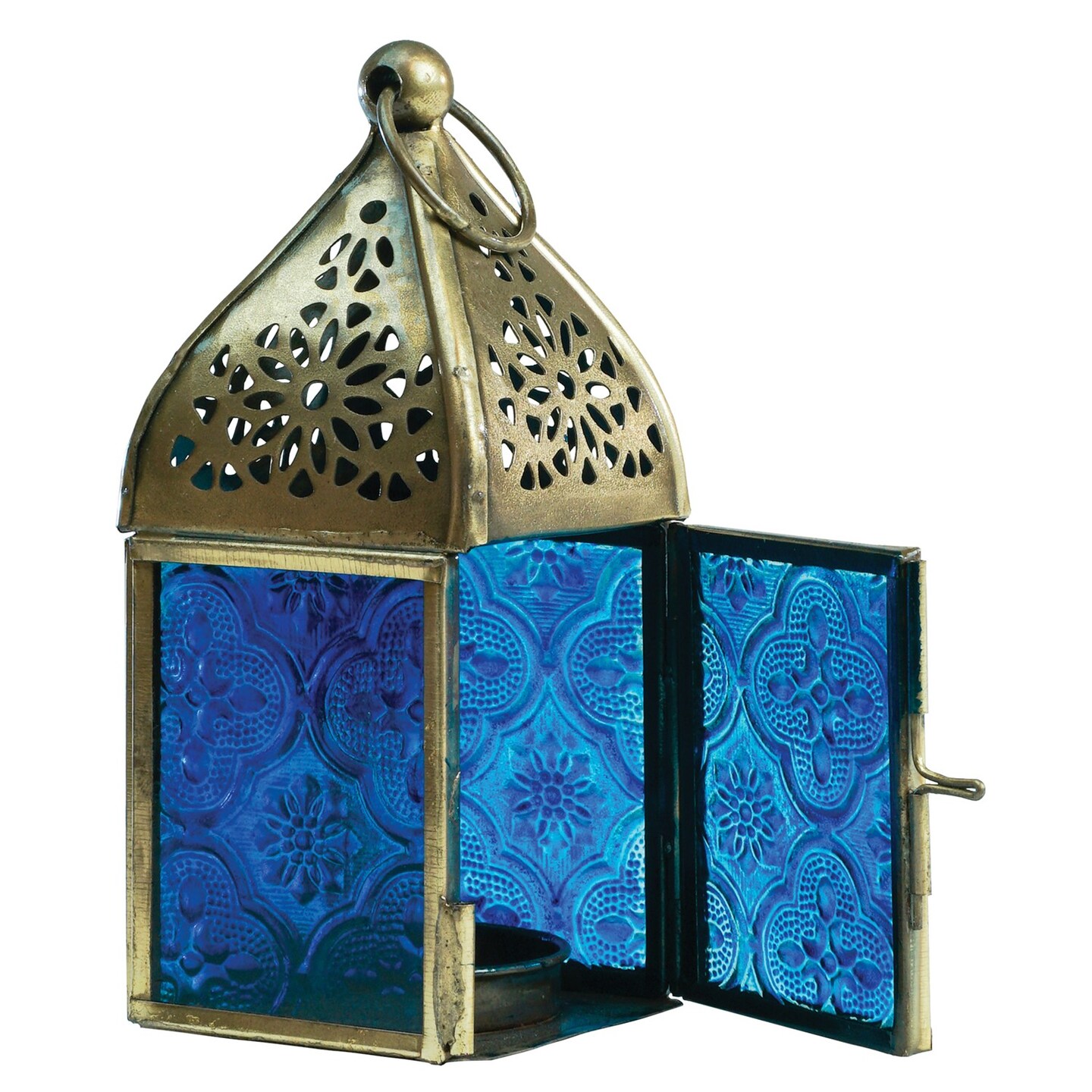 In the Breeze 9201 — Blue Mini Square Tealight Lantern — Moroccan-Style Boho Chic Tealight Glass and Metal Tabletop Lantern