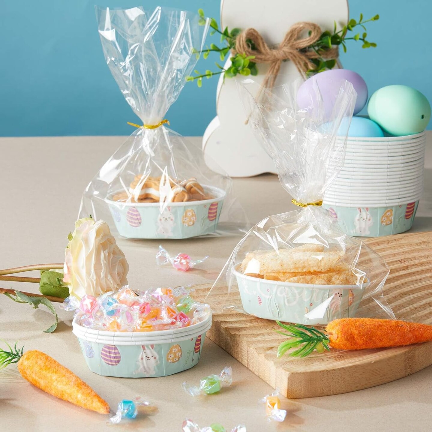 25 Pcs Easter Bunny Paper Loaf Pans 3 x 2 x 1.1&#x27;&#x27; Mini Loaf Pan Liners with Clear Plastic Bags and Ties Easter Baking Cake Pans Disposable Oval Cake Cups Baking Mold for Baking Cupcake Bread