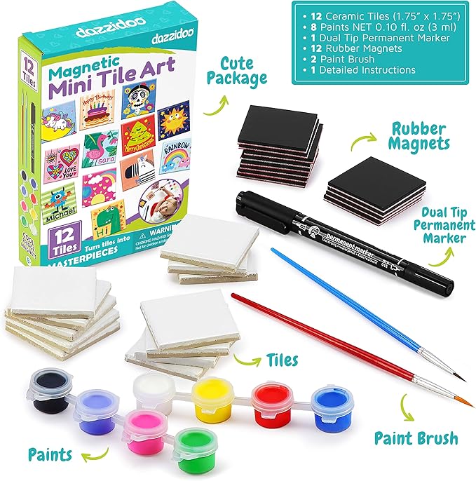 DIY Craft Kit; Design and Paint Magnet Tiles - Kids Paint Arts &#x26; Crafts Project; Includes 12 Tile Magnets, 8 Paint Colors, 2 Brushes and Marker; Fun Ceramic Tile Painting Kit