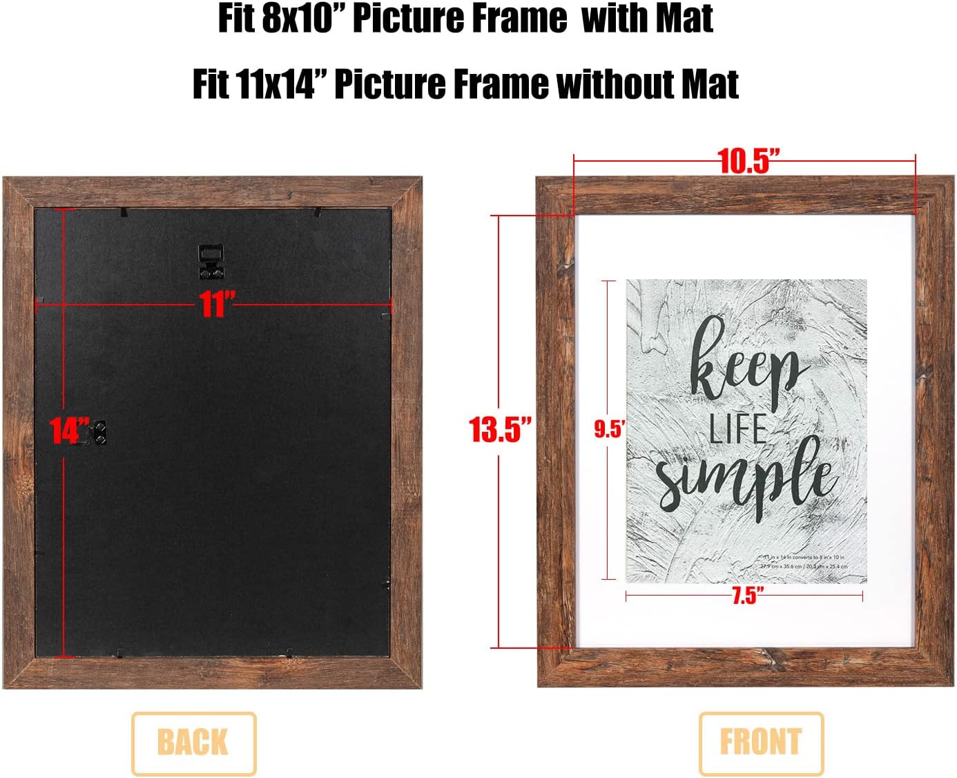 Rustic Brown 11x14 Picture Frame - Made to Display Pictures 8x10 with Mat