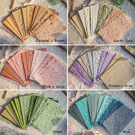 96 Sheets Textured Scrapbook Paper and Mesh Fabric Assorted Set - 6 Pack Mixed Special Paper for Scrapbooking Planner Bullet Junk Journal Supplies Mixed Media Collage Card Embellishments 3.9x5.5 Inch