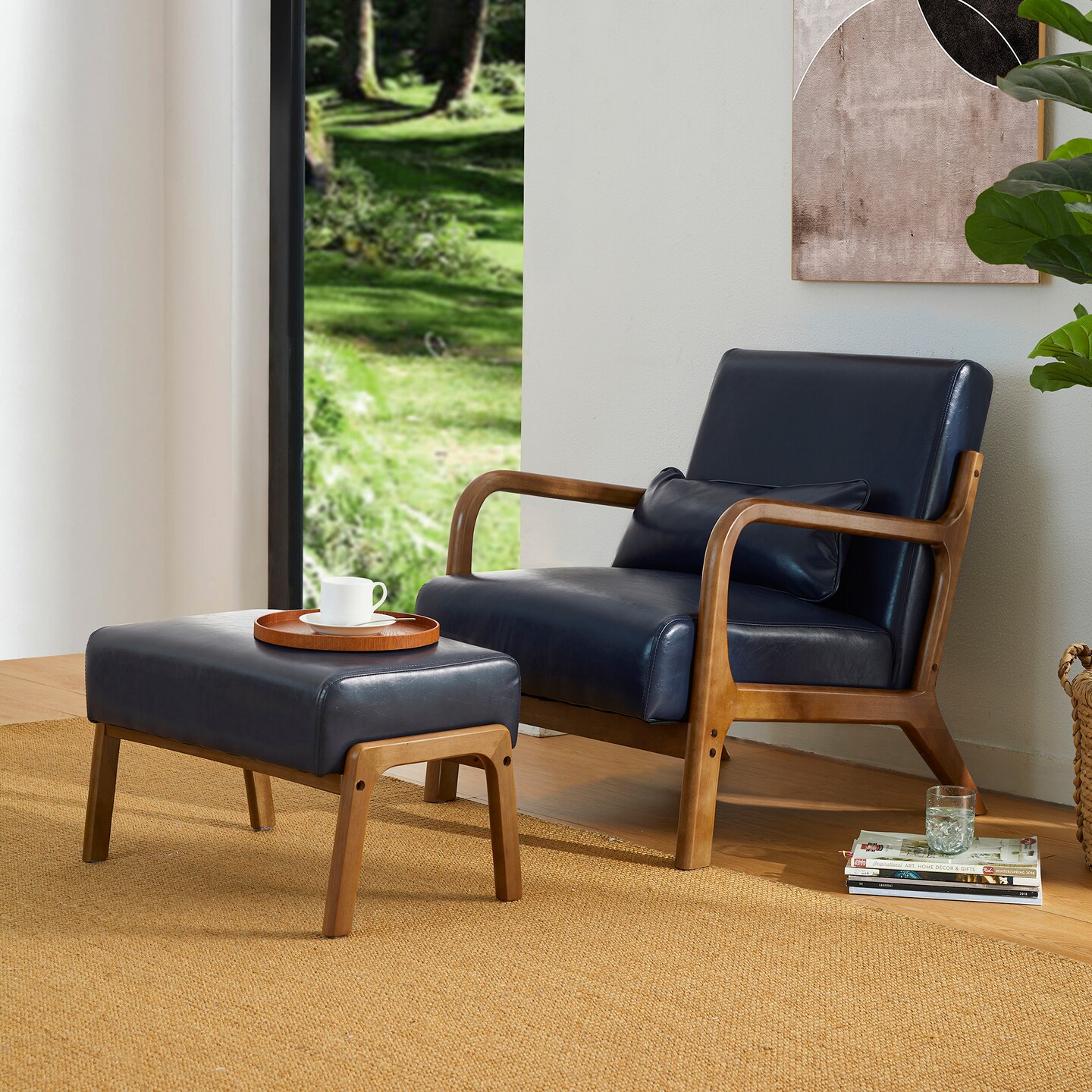 30.75&#x22;H Mid-Century PU Leather Armchair with Ottoman Set