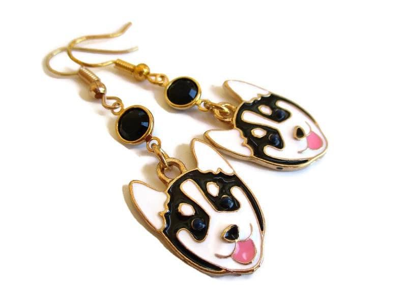 Enameled Husky Birthstone Earrings, Enamel Malamute Jewelry, Gold