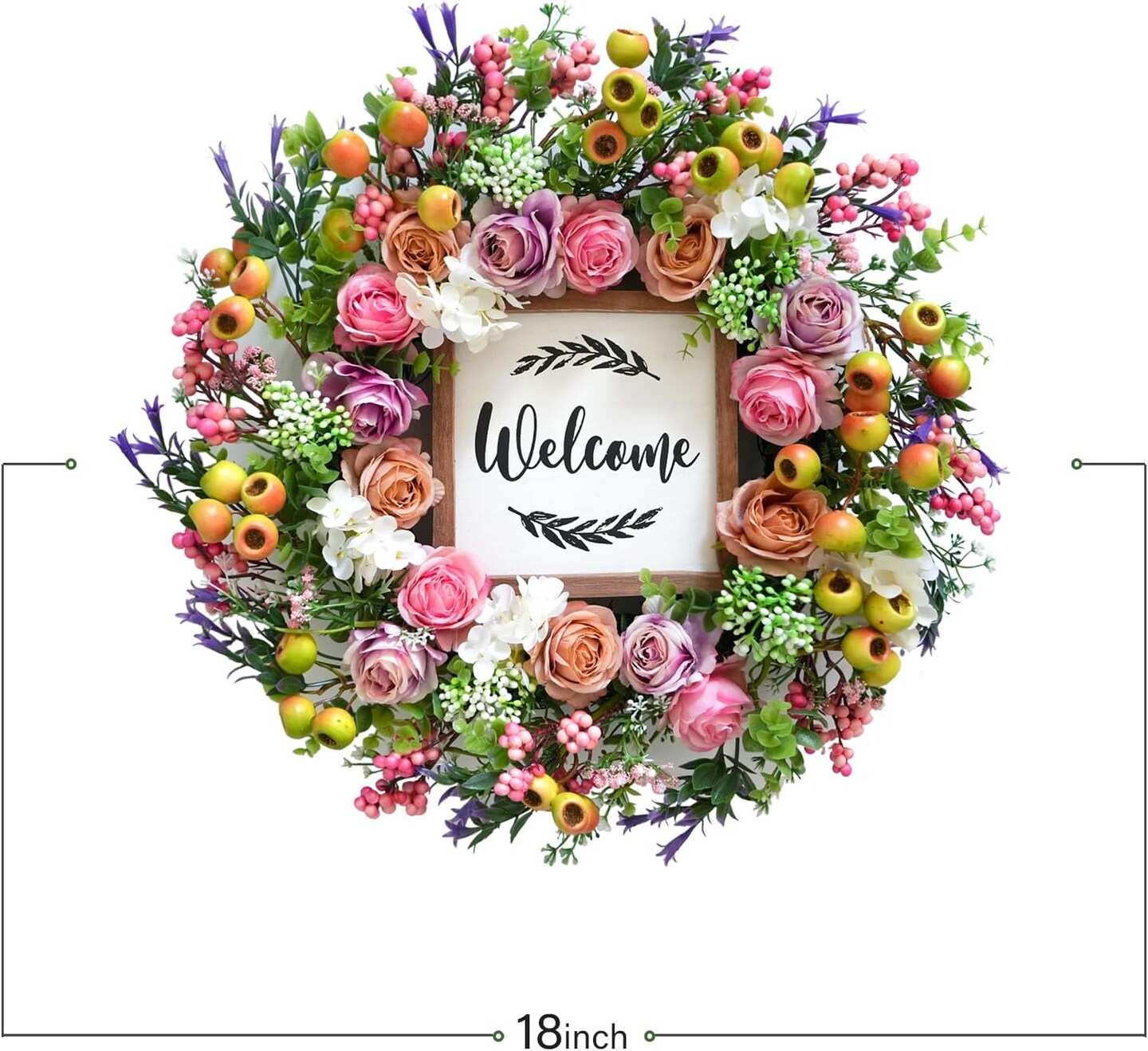 Summer Wreath for Front Door, 18inch Artificial Berries and Colorful Flower Wreaths with Welcome Sign, Summer Greenery Wreath for Front Door Wall Window Festival Decor