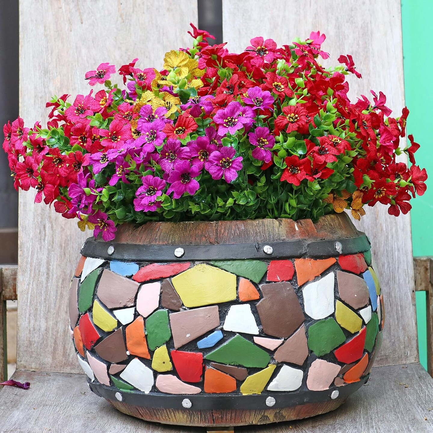 16 Bundles Summer Potted Artificial Flowers for Outdoors, Faux Plants Flowers