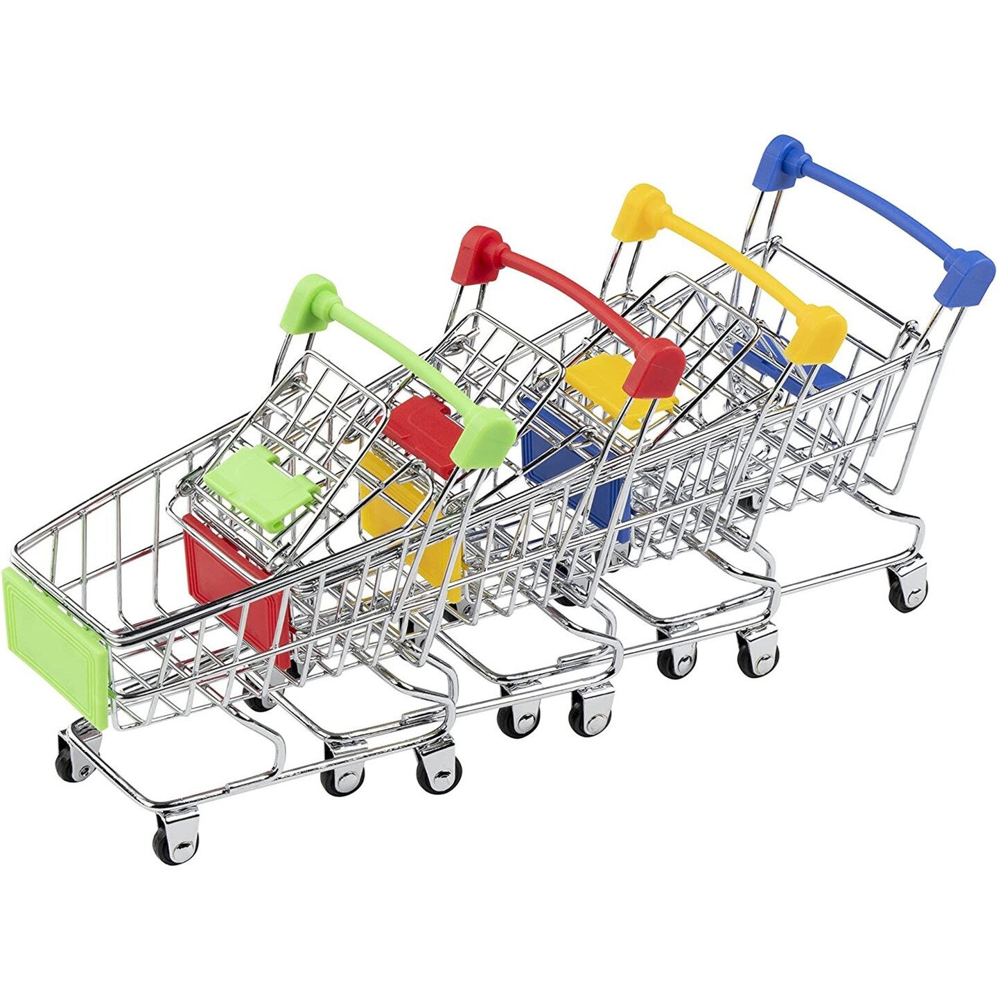 Juvale Mini Supermarket Handcart, 4 Pack Mini Shopping Utility Cart Mode Storage Toy, 4 Colors - Blue, Yellow, Green and Red