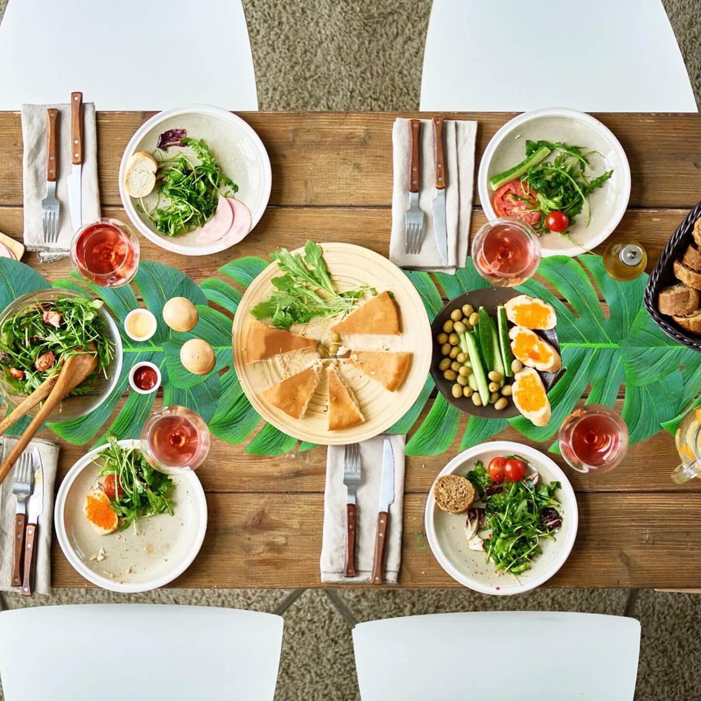Artificial Palm Leaves Table Runners 72 Inch, Tropical Palm Leaves Table Runner Faux Leaf Table Cloth for Wedding Hawaiian Luau Theme Party Supply Summer Table Wall Decorations (6)