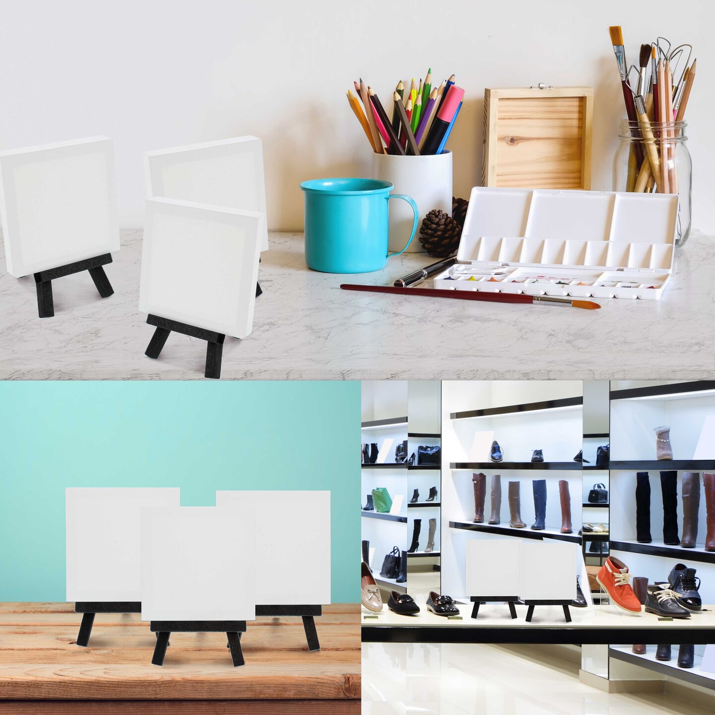 3&#x22; x 3&#x22; Stretched Canvas with 5&#x22; Mini Black Wood Display Easel Kit, 12 Pack - Artist Tripod Tabletop Holder Stand - Kids Painting Party Oil Acrylic