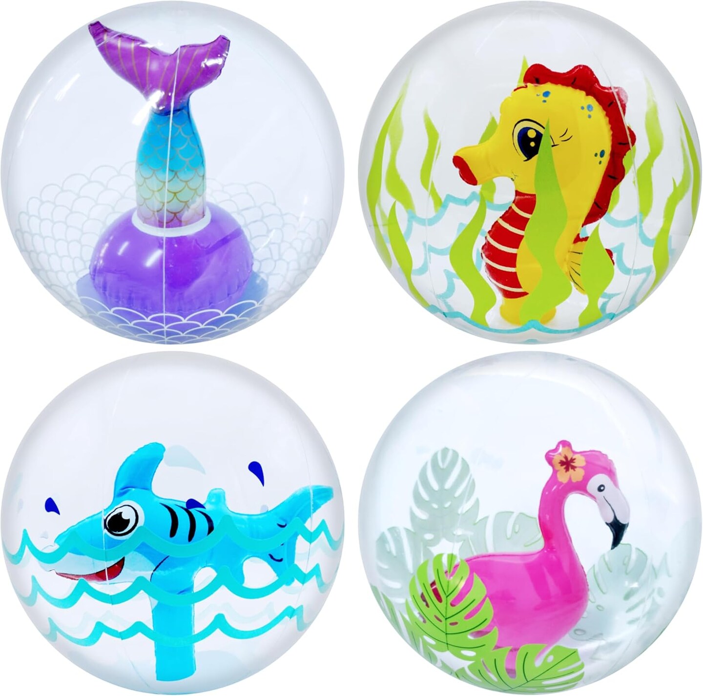 Summer 3D Beach Balls - 4 Pack 13&#x22; Inflatable Pool Toys, Flamingo, Mermaid, Shark, Sea Horse Unique Pool Ball, Ocean Under The Sea Party Decorations for Kids Toddlers Adult