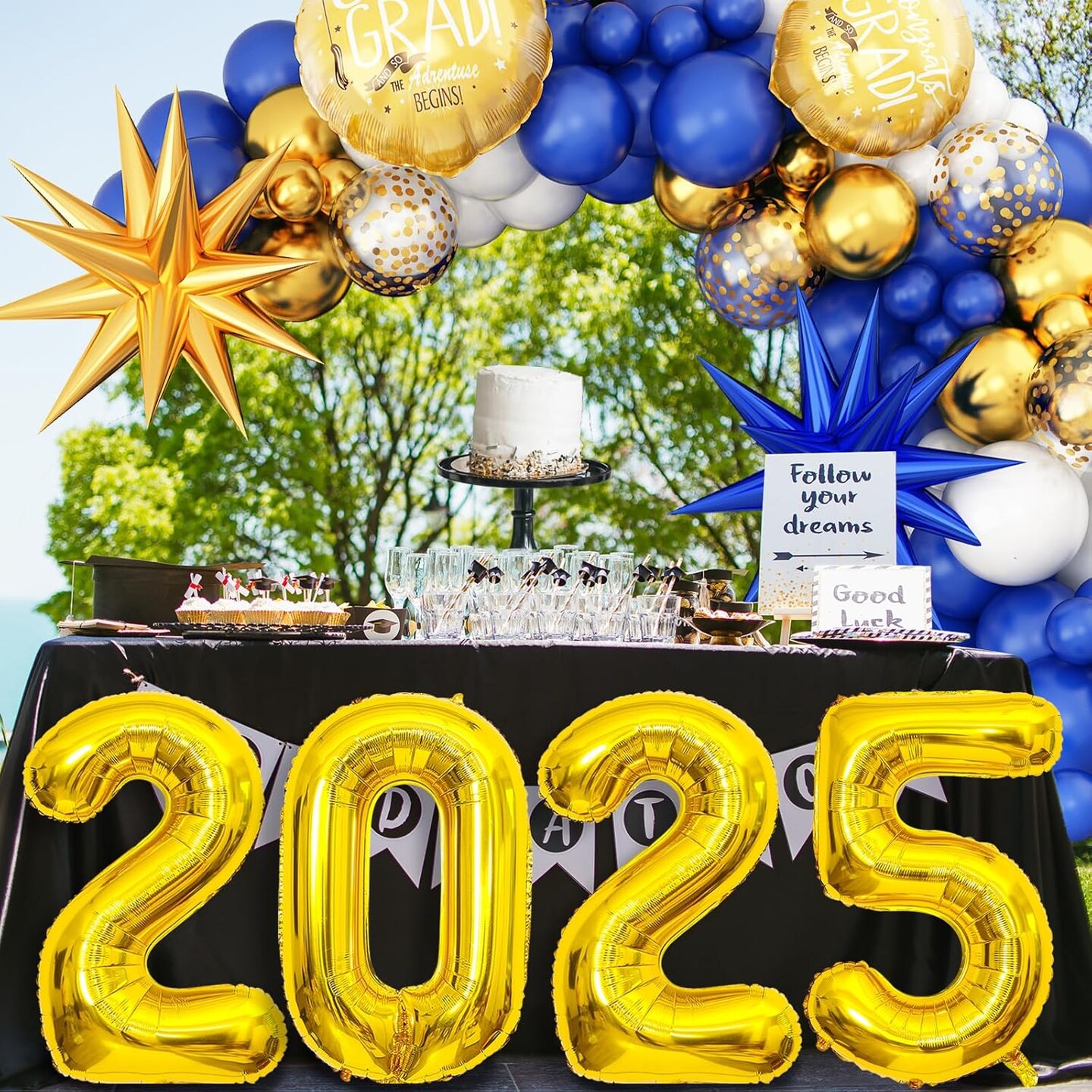 Graduation Balloons Garland Arch Kit, Graduation Balloons Class of 2025, Navy Blue and Gold White Latex Balloons with Graduation Class Foil Balloons for 2025 Graduation Party Decor