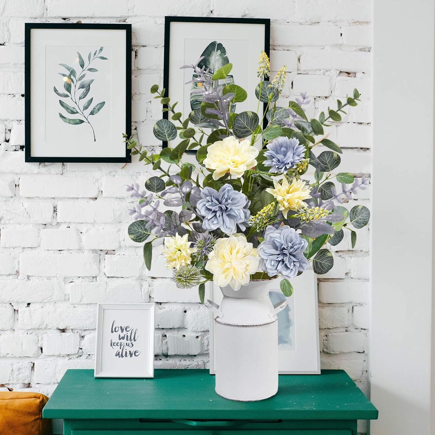 Fake Flowers in Vase, 24.5" Tall Artificial Fake Flowers Arrangement with Metal Pot Silk Faux Hydrangea Flowers Greenery Stems for Table Centerpieces Home Kitchen Spring Decor