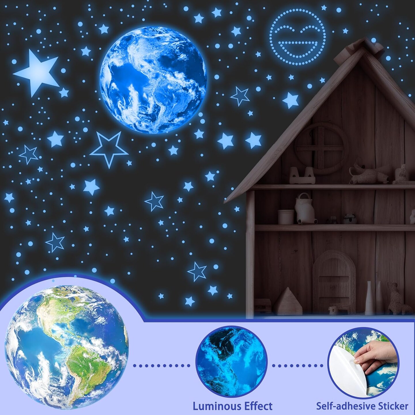 965 PCS Glow in The Dark Stars and Earth for Ceiling, Luminous Stars and Planet Wall Decals, Kids Room Decor, Glowing Galaxy Wall Stickers for Nursery Decorations (Blue)
