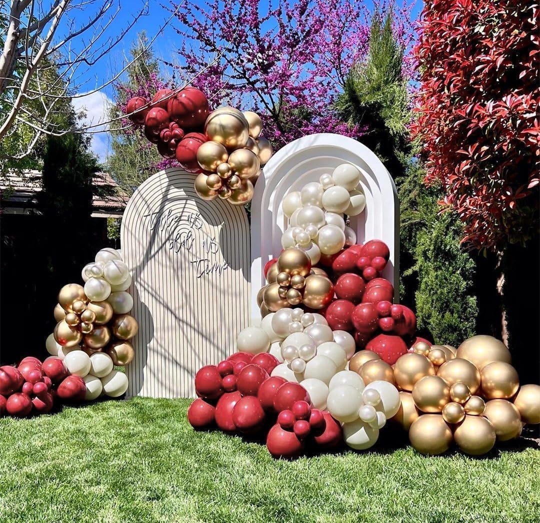 Burgundy Gold Balloons Garland Double Stuffed Wine Red Sand White Metallic Gold Latex Balloons Arch Kit