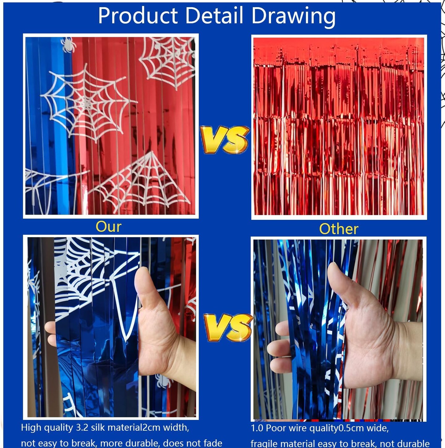 Spider Web Birthday Decorations 2 Pack Spider Party Supplies 3.3x6.6ft Red Blue and Black Spidey Tinsel Foil Fringe Curtains Backdrop Red and Blue Streamers Spider Theme Party Decorations
